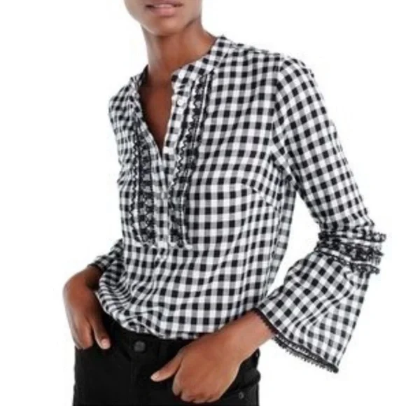 J Crew Gingham Blouse Size 10 Bell Sleeve Ruffles Cotton - Picture 1 of 16